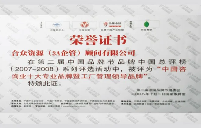 中国咨询业十大创业品牌荣誉证书